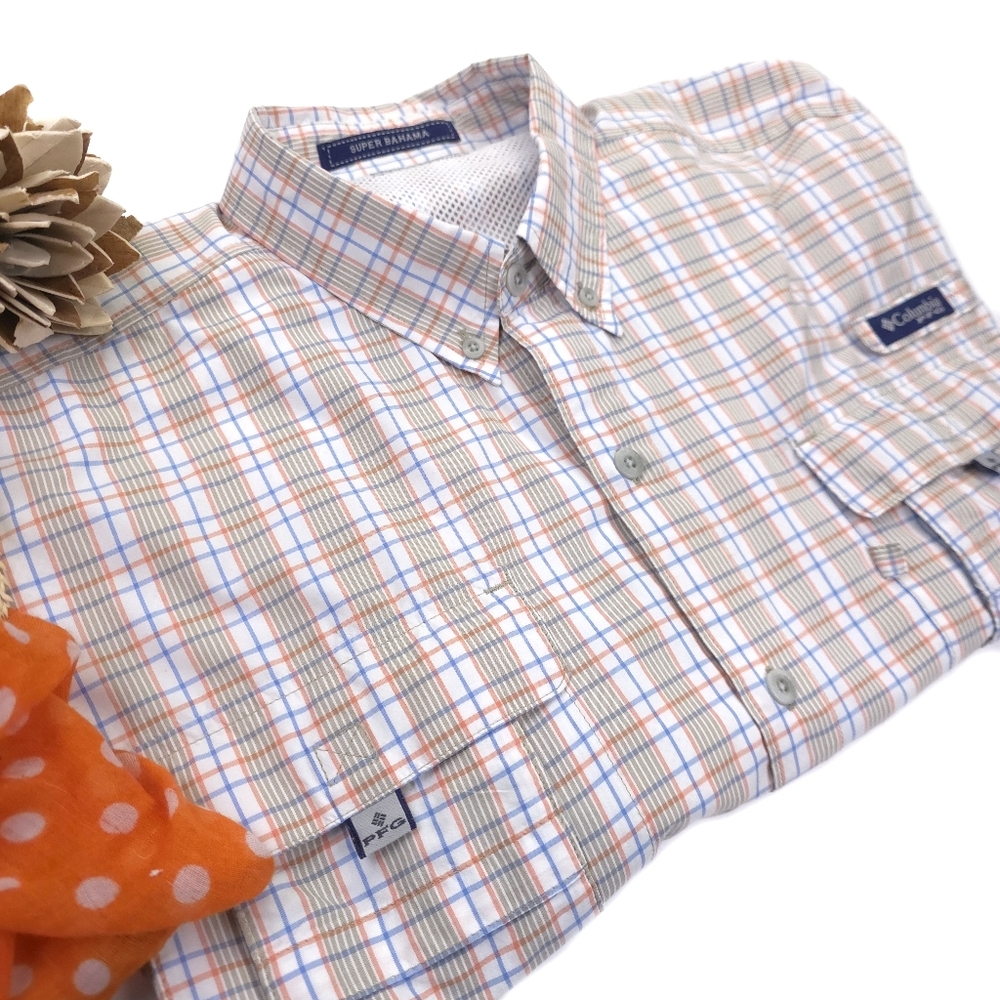 Columbia PFG OmniShade Super Bahama Men's Long-Sleeve White/Blue/Orange XL